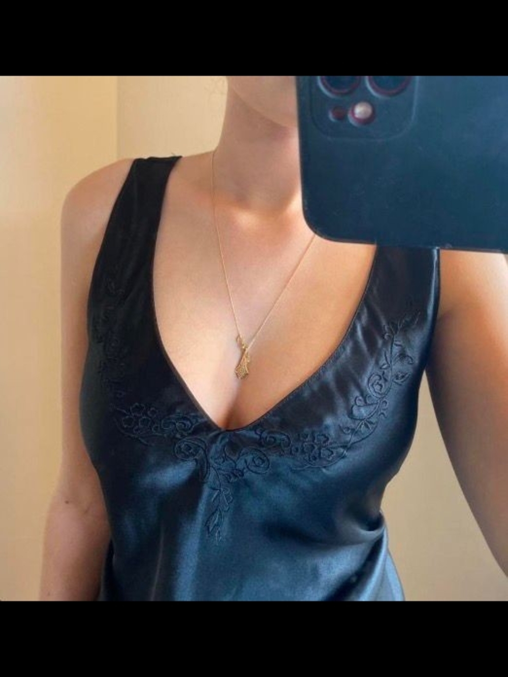 90s Black Satin Mini Slip Dress Dark Romantic Goth Embroidered Coquette Size M - Picture 2 of 8